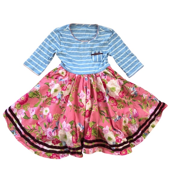 Matilda Jane Floral Pink and Blue Striped Dress - Picture 1 of 4